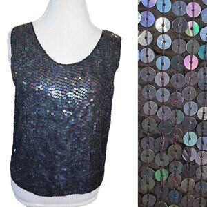 80s Womens Small Black Mermaid Sequins Tank‎ Evening Blouse Silk Cocktail NWT